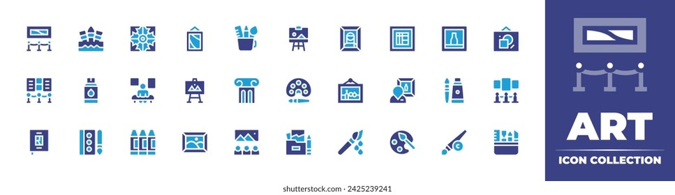 Art icon collection. Duotone color. Vector and transparent illustration. Containing pencil case, painting, column, exhibition, museum, tools, art, canvas, gallery, book, art portfolio.