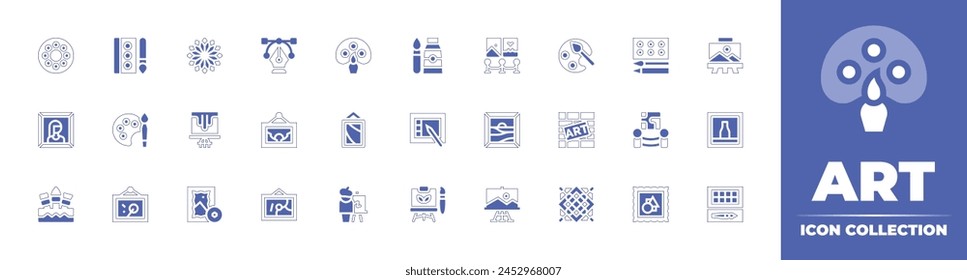 Art icon collection. Duotone style line stroke and bold. Vector illustration. Containing column, exhibition, sculpture, museum, canvas, mandala, painting, gallery, book, portfolio, art.