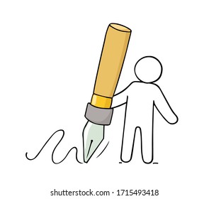 Art icon - man holding big pen. Doodle cute miniature about paperwork. Hand drawn cartoon vector illustration for school subject design.