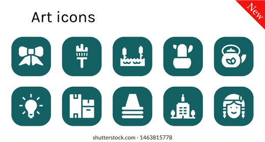 art icon set. 10 filled art icons.  Collection Of - Ribbon, Painting brush, Lake, Cactus, Teapot, Light, Boxes, Cone, Skyscrapper, Native american