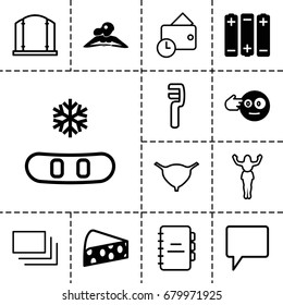 Art icon. set of 13 filled and outline art icons such as woman in spa, head bang emot, cheese, battery, gate, clamp, bladder, chat, dancing woman, burst, wallet, notebook