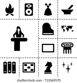 Art icon. set of 13 filled art icons such as bowl, airport desk, greek column, clean, dress, speaker, piano, burst, photo, horse chess, bonfire, battery