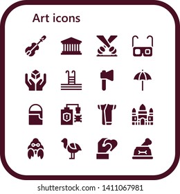 art icon set. 16 filled art icons.  Collection Of - Violin, Pantheon, Spotlight, Glasses, Cube, Swimming pool, Axe, Beach umbrella, Paint bucket, Virus, Kimono, Angkor wat, Hermit crab