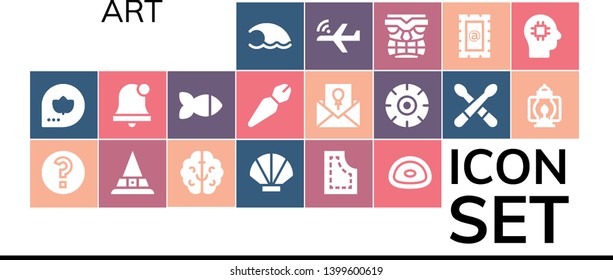 art icon set. 19 filled art icons.  Simple modern icons about  - Wave, Fall, Question, Witch, Brain, Seashell, Pattern, Gummy, Alarm bell, Fish, Pen, Invitation, Wheel, Drumsticks