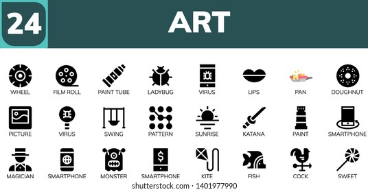 art icon set. 24 filled art icons.  Collection Of - Wheel, Film roll, Paint tube, Ladybug, Virus, Lips, pan, Doughnut, Picture, Swing, Pattern, Sunrise, Katana, Paint, Smartphone