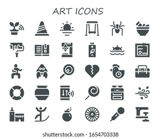 Kunstsymbol-Set. 30 gefüllte Kunstsymbole.  Einfache, moderne Symbole wie: Baum, Kone, Sonnenaufgang, Schaukel, Spider, Mortar, Farbwalze, Handbuch, Bohrer, Akku, Sonnenuntergang, Schwimmbad, Kampfsport