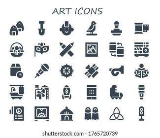 art icon set. 30 filled art icons.  Simple modern icons such as: Onigiri, Shovel, Punk, Bird, Stamp, Film, Easter egg, Eye mask, Pencils, Picture, Smartphone, Sushi, Wait time