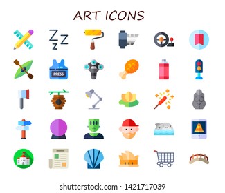 art icon set. 30 flat art icons.  Collection Of - pencil, sleep, paint brush, photograph, steering wheel, bookmark, kayak, press vest, d, chicken leg, spray, traffic light, ax