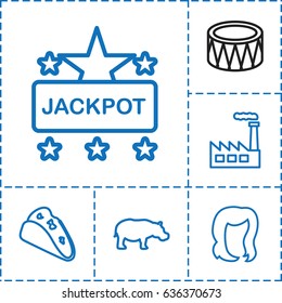 Art icon. set of 6 art outline icons such as hippopotamus, hairstyle, jackpot, taco, drum