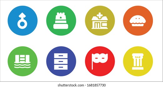 art icon set. 8 filled art icons. Included Mars, Swimming pool, Castle, Cabinet, Pharmacy, Eye mask, Pie, Column icons
