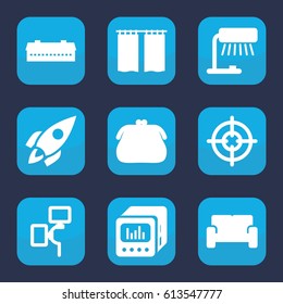 Art icon. set of 9 filled art icons such as barn, loud speaker with equalizer, camera flash, sofa, curtain, rocket, sniper target, table lamp
