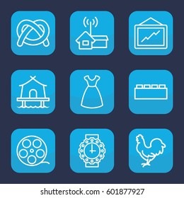 art icon. Set of 9 outline art icons such as chicken, dress, graph, home signal, tent, wrist watch for woman, camera tape, pretzel