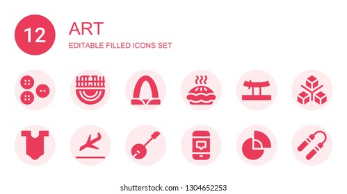art icon set. Collection of 12 filled art icons included Buttons, Merida, Gateway arch, Pie, Katana, Body, Landing, Banjo, Smartphone, Pie chart, Cube, Nunchaku
