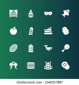 art icon set. Collection of 16 filled art icons included Avocado, Backpack, Macaron, Angel, Chicken leg, Whale, Full battery, Compress, Potato, Yatch, Pisa, Apple, Fish, Mask