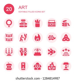 art icon set. Collection of 20 filled art icons included Qstack, Macarons, Pencil case, Toolbox, Exhaust pipe, Lights, Aikido, Bonfire, Tortoise, Triquetra, Candelabra, Ballet