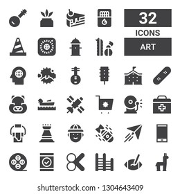 art icon set. Collection of 32 filled art icons included Alpaca, Rugby ball, Ladder, Cut, Smartphone, Film reel, Paper plane, Bomb, Hunter, Rook, Paint bucket, First aid, Ring bell