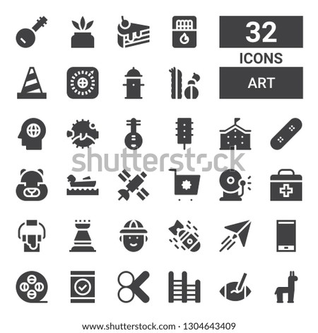 art icon set. Collection of 32 filled art icons included Alpaca, Rugby ball, Ladder, Cut, Smartphone, Film reel, Paper plane, Bomb, Hunter, Rook, Paint bucket, First aid, Ring bell
