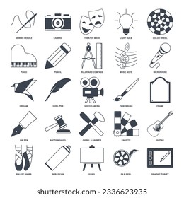 Conjunto de iconos de arte, colección de símbolos de diseño y dibujo, ilustraciones de logotipo, dibujos y signos de entretenimiento paquete de pictogramas ilustración vectorial aislada
