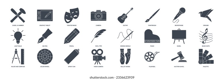 Art icon set, Design and drawing symbols collection, logo illustrations, art and entertainment signs pictograms package isolated vector illustration