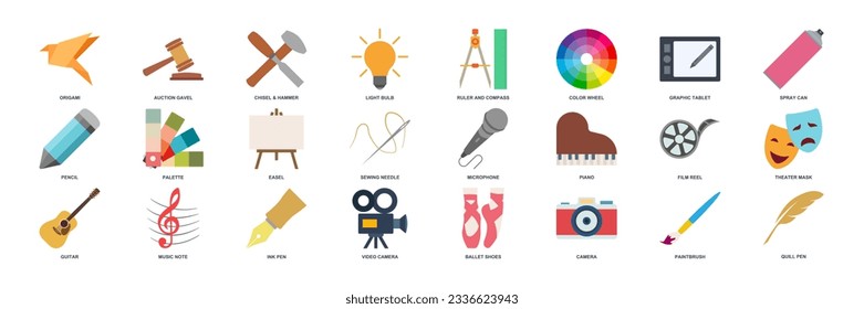 Art icon set, Design and drawing symbols collection, logo illustrations, art and entertainment signs pictograms package isolated vector illustration