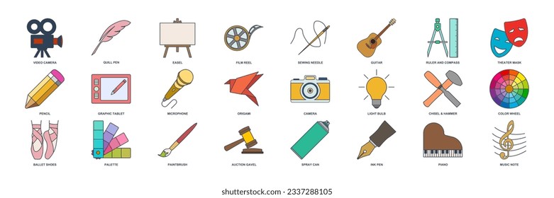 Art icon set, Design and drawing symbols collection, logo illustrations, art and entertainment signs pictograms package isolated vector illustration