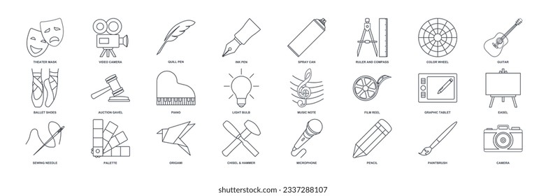 Art icon set, Design and drawing symbols collection, logo illustrations, art and entertainment signs pictograms package isolated vector illustration