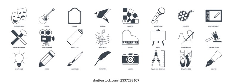 Art icon set, Design and drawing symbols collection, logo illustrations, art and entertainment signs pictograms package isolated vector illustration