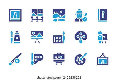 Art icon set. Duotone color. Vector illustration. Containing exhibition, picture, palette, art gallery, art, art teacher, easel, paint palette, painting, painting palette, watercolor, draw.