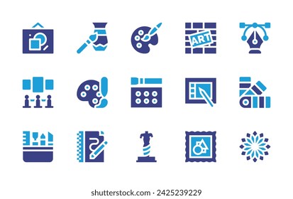 Art icon set. Duotone color. Vector illustration. Containing paint, painting, vector, graffiti, craft, exhibition, color palette, graphic tablet, sculpture, tools, mandala, notebook, watercolor.