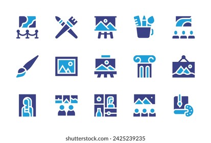 Art icon set. Duotone color. Vector illustration. Containing pencil case, art, art show, picture, column, canvas, brush, gallery, museum, drawings, art book, mona lisa.