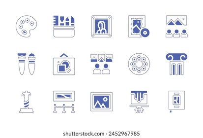 Art icon set. Duotone style line stroke and bold. Vector illustration. Containing painting, palette, picture, column, sculpture, gallery, museum, tools, art, brush, art book, art and design.