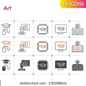 art icon set. included chip, teacher, e-learning, learning, student, desktop icons on white background. linear, bicolor, filled styles.