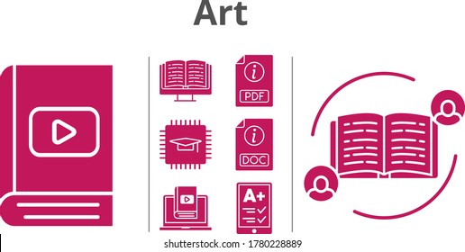 art icon set. included feedback, chip, e-reader, e-book, pdf, learn, doc icons. filled styles.