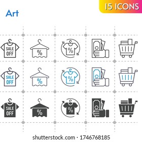 art icon set. included shirt, money, towel, shopping cart icons on white background. linear, bicolor, filled styles.