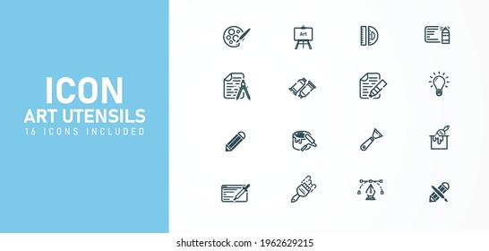 Art icon set Includes icons such as 16 icons: artist paint brush, pencil, watercolor and etc. Art Vector illustration images