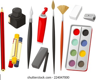 Art Icon Set, with Pencil, crayon, wax crayon, ink, quill, oil paint, brush, rubber, sharpener, watercolor, watercolor paint, charcoal. Vector illustration cartoon.