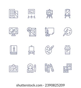 Art icon set. Thin line icon. Editable stroke. Containing urban art, digital art, book, abstract, museum, auction, art, teacher, easel, origami, paint palette, crayon, color palette, stamp
