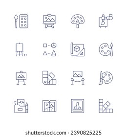Art icon set. Thin line icon. Editable stroke. Containing art, art portfolio, painting, rendering, color palette, sketch book, palette, modeling, exhibition, still life, robot hand, paint palette.
