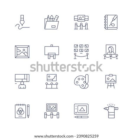 Art icon set. Thin line icon. Editable stroke. Containing paintbrush, art and design, art show, design, painting, museum, landscape, museum, sketchbook, exhibition, gallery, canvas, graphic.