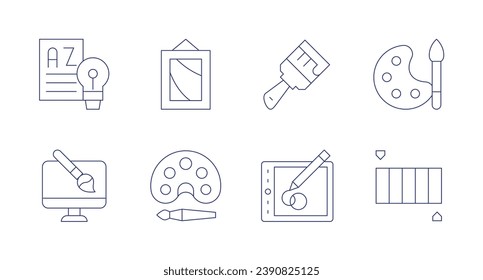 Iconos de arte. Trazo editable. Consta de arte lingüístico, galería de arte, pintura, pincel, tableta gráfica, paleta de pintura, color, arte digital.