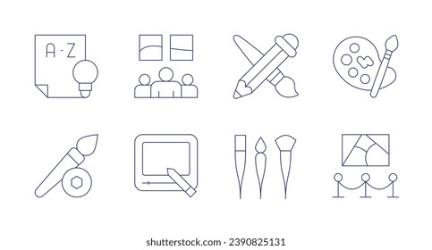 Art icons. Editable stroke. Containing language arts, art, art show, magnetic, exhibition, stationery, brush, painting palette.