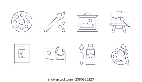 Art icons. Editable stroke. Containing art and design, art book, paint brush, crayons, painting, canvas, color palette.