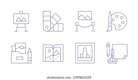 Iconos de arte. Trazo editable. Consta de arte, portafolio de arte, paleta de colores, libro de dibujos, origami, exposición, vida muerta, paleta de pintura.