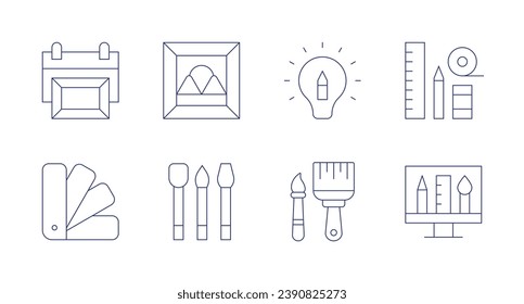 Iconos de arte. Trazo editable. Conteniendo el día del arte mundial, arte y diseño, galería de arte, cepillo, inspiración, pincel, herramientas, visual.