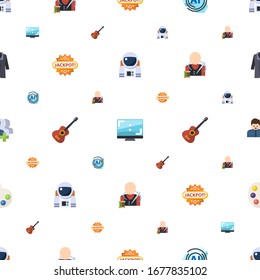 Kunstsymbole Muster nahtlos. Einschließlich bearbeitbarer Flachastronaut, Seitenverhältnis, AI Muster, Jackpot, Gitarre spielen, Schneider, Follower, Künstlerpalette Symbole. Kunstsymbole für Web und Mobile.