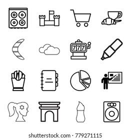 Art icons. set of 16 editable outline art icons such as teacher, slot machine, cooker, speaker, french fries, coffee and croissant, castle, pie chart, shopping cart, notebook