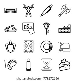 Art icons. set of 16 editable outline art icons such as pin, rose, palette, piano, pepper, cake slice, pie chart, hand on graph, pen, glue pen, power lifter, brick wall