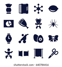 Art icons set. set of 16 art filled icons such as spider, baby, baby stroller, manicure scissors, brush, lemon, bear teddy, bow, harmonic, easter egg, studio curtain, meat