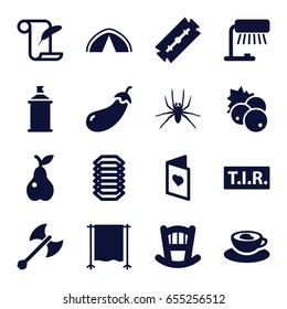 Art icons set. set of 16 art filled icons such as currant, eggplant, spider, baby bed, razor, feather and paper, spray paint, pear, tir, cup with heart, love card