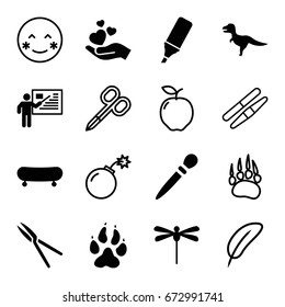 Art icons set. set of 16 art filled and outline icons such as animal paw, nail sawing, garden tools, hand holding heart, highlighter, teacher, dragonfly, apple